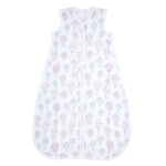 The aden + anais organic cotton light sleep sack TOG 1.0 is a sleeveless, GOTS certified sleeping bag featuring a front zipper and made from 100% organic cotton muslin, adorned with pastel hot air balloon patterns on a white background for dreamy nights.