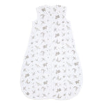 The aden + anais organic cotton light sleep sack TOG 1.0 is a GOTS certified, white, sleeveless bag made from 100% organic cotton muslin. It features a front zipper and a charming gray animal pattern with giraffes and elephants adorning the fabric.