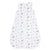 The aden + anais organic cotton light sleep sack TOG 1.0 is a GOTS certified, white, sleeveless bag made from 100% organic cotton muslin. It features a front zipper and a charming gray animal pattern with giraffes and elephants adorning the fabric.