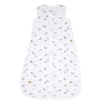 The aden + anais organic cotton light sleep sack TOG 1.0 is a sleeveless, GOTS-certified white muslin sleep sack with a front zipper, decorated with small, colorful animal prints of lions, zebras, and giraffes.