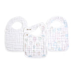 The aden + anais organic cotton snap bibs 3 pack features pastel patterns: one polka dot and two with abstract designs of hot air balloons and clouds. These GOTS-certified bibs ensure your little ones comfort while being eco-friendly.