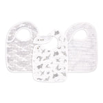 Three aden + anais organic cotton snap bibs feature a cloud pattern, sea creatures with sharks, and circular designs in soft grays. Theyre made from absorbent muslin for comfort, ensuring practicality with an adjustable fit.