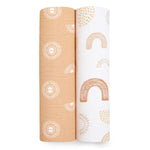 Two rolled boutique 100% cotton muslin swaddle blankets from aden + anais are side by side—one with an orange and white circle pattern, the other with orange rainbows and circles on white. These breathable swaddles ensure excellent absorbency and comfort for your little one.