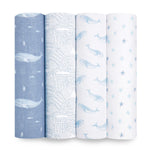 Aden + Anais offers a 4-pack of organic cotton muslin swaddle blankets featuring blue with whales, white with a blue geometric design, white with small blue whales, and white with starfish—ideal for crafting charming, baby-soft creations.