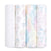 Four organic cotton muslin swaddle blanket rolls by aden + anais are lined up vertically, featuring GOTS certified sustainable designs of pastel stars, colorful hot air balloons, watercolor clouds, and muted-tone balloons.