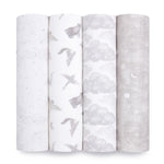 The aden + anais organic cotton muslin swaddle blanket 4 pack features GOTS-certified designs in gray and white, including stars, birds, clouds, and celestial maps with constellations and moons. Each sustainable pattern is distinctively repeated across the fabric.