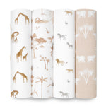 This versatile aden + anais organic cotton muslin swaddle blanket 4 pack features safari-themed prints: giraffes, lions and trees, zebras and lions, and elephants with trees. Made from GOTS certified organic muslin in neutral browns and whites.