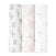 Three vertically displayed rolls of aden + anais boutique silky soft swaddle blanket 3 pack include a botanical design with small plants, delicate pink floral illustrations, and a lattice pattern with flowers and leaves.