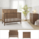 A cozy nursery features the Child Craft Atwood 2-Piece Nursery Set With Crib and Dresser on a white rug, with a potted plant, window with sheer curtains, and soft dotted wallpaper. Close-up images of the furniture are shown below.