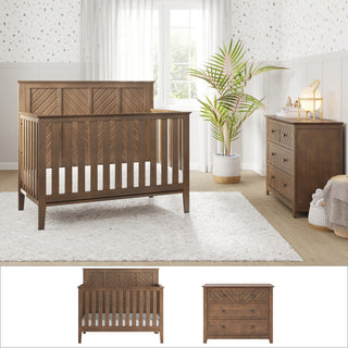 A cozy nursery features the Child Craft Atwood 2-Piece Nursery Set With Crib and Dresser on a white rug, with a potted plant, window with sheer curtains, and soft dotted wallpaper. Close-up images of the furniture are shown below.