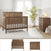 A cozy nursery features the Child Craft Atwood 2-Piece Nursery Set With Crib and Dresser on a white rug, with a potted plant, window with sheer curtains, and soft dotted wallpaper. Close-up images of the furniture are shown below.