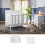 A cozy nursery featuring the Child Craft Atwood 2-Piece Nursery Set with a convertible crib and matching dresser on a gray rug, wooden toys, plush bear, potted plant, star-patterned wallpaper, and natural light from a window.