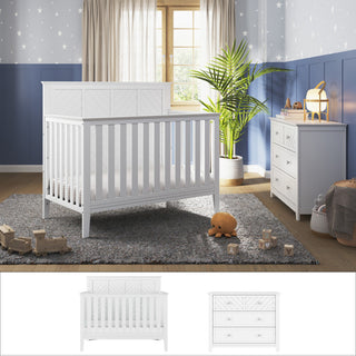 A cozy nursery featuring the Child Craft Atwood 2-Piece Nursery Set with a convertible crib and matching dresser on a gray rug, wooden toys, plush bear, potted plant, star-patterned wallpaper, and natural light from a window.