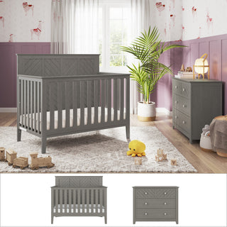 A cozy nursery featuring the Child Craft Atwood 2-Piece Nursery Set with a gray convertible crib and dresser, plus a plush rug, toy train, yellow stuffed duck, tall green plant, purple wainscoting, light wallpaper, and large window with white curtains.