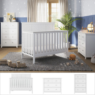 A bright nursery features the Child Craft Atwood 3-Piece Nursery Set with a convertible crib and dresser. Blue-gray walls with white stars, a large plant, toys, baby-safe finishes, and soft natural light create a cozy haven.