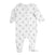 Aden + anais long sleeve zip one-piece is made from breathable cotton muslin with a front zipper and safety cover. It features enclosed feet, black snowflake-like patterns, the word LOVE, and provides cozy comfort.