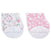 The aden + anais boutique 100% cotton muslin burpy bibs 2 pack showcases two floral-patterned cloths: an absorbent muslin one with pink and green flowers, and a no-slip bib featuring pink and white blooms. Both have rounded corners with extra fabric layers adorned with smaller floral designs.