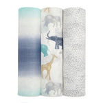 The boutique silky soft swaddle blanket 3 pack by aden + anais showcases three swaddles: one with a light-to-dark blue gradient, another featuring elephants and giraffes, and the last with gray polka dots. Crafted from bamboo-infused viscose, they promise ultimate comfort.
