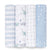 Four aden + anais boutique 100% cotton muslin swaddles are rolled side by side, showcasing patterns like blue stripes, elephants and moons, a starry grid, and a blue sky with celestial designs in calming hues of blue, white, and grey.