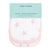 A pack of three aden + anais essentials cotton muslin snap bibs is shown. These durable, absorbent bibs are white with light pink star patterns and a pink border. They come packaged under a turquoise label featuring the brand name and product description.