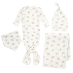 The aden + anais snuggle knit™ newborn gift set features a white gown with gray stars, a knot-topped hat, a matching bib, and a cozy blanket.