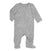 The aden + anais snuggle knit™ newborn footie is a gray baby onesie with a front zipper from neckline to left ankle, crafted from super soft fabric. It features long sleeves and enclosed feet, ensuring easy diaper changes while providing warmth and comfort.