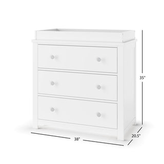 The Child Craft Camden 2-Piece Nursery Set includes a white, pine wood three-drawer dresser with round knobs, shown against a white background. Dresser dimensions: 35"H x 38"W x 20.5"D.