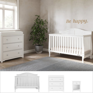 A bright nursery showcases the Child Craft Camden 3-Piece Nursery Set with crib, dresser, and nightstand. A potted plant sits by the window, and "Be happy" decorates the wall. Below are images of the crib, dresser, and nightstand.