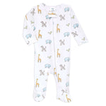 The aden + anais comfort knit™ footie is a white baby onesie with colorful animal prints, featuring blue elephants, yellow giraffes, and green birds. Made from cotton-rich fabric for softness, it includes long sleeves and a front zipper with a safety cover for peace of mind.