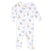 The aden + anais comfort knit™ footie is a white baby onesie with colorful animal prints, featuring blue elephants, yellow giraffes, and green birds. Made from cotton-rich fabric for softness, it includes long sleeves and a front zipper with a safety cover for peace of mind.