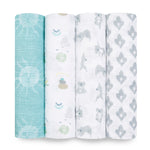The aden + anais boutique 100% cotton muslin swaddle blanket 4 pack features breathable blankets with vertical displays of distinct prints: a teal sun, playful animals and nature, grey koalas on white, and a geometric grey pattern.