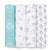The aden + anais boutique 100% cotton muslin swaddle blanket 4 pack features breathable blankets with vertical displays of distinct prints: a teal sun, playful animals and nature, grey koalas on white, and a geometric grey pattern.