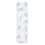 The aden + anais boutique 100% cotton muslin swaddle blanket is rolled up white and adorned with light blue koalas in various poses, perfect for adding charm to your diaper bag superhero setup.
