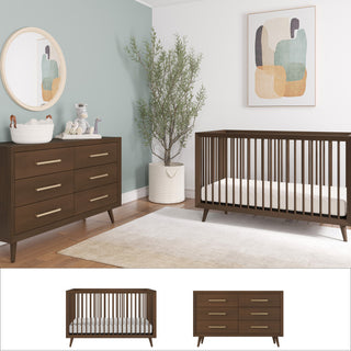 A modern nursery with the Child Craft Cranbrook 2 Piece Nursery Set—convertible crib and 6-drawer dresser in dark wood—plus a round mirror, plush toys, potted plant, light rug, and abstract art. The two Mid Century Modern pieces are shown separately below.