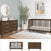 A modern nursery with the Child Craft Cranbrook 2 Piece Nursery Set—convertible crib and 6-drawer dresser in dark wood—plus a round mirror, plush toys, potted plant, light rug, and abstract art. The two Mid Century Modern pieces are shown separately below.