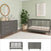 Create a Mid Century Modern nursery with light green walls, the Child Craft Cranbrook 2 Piece Nursery Set (crib and dresser), gold hardware, a round mirror, woven basket plant, stuffed animals, and abstract art above the crib.