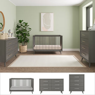 Create a modern nursery with sage green walls, the Child Craft Cranbrook 3-Piece Nursery Set (convertible crib, dresser, chest), a large white rug, potted plant, and abstract wall art. See below for individual images of each furniture piece.