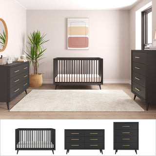 A mid-century modern nursery featuring the Child Craft Cranbrook 3 Piece Nursery Set with crib, dresser, and chest, accented by gold handles, a large white rug, potted plant, and soft abstract wall art.