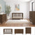 A modern nursery with mid-century flair showcases the Child Craft Cranbrook 3 Piece Nursery Set, including a dark wood convertible crib, dresser, and chest. Light walls, wood floors, abstract art, a large plant, and a white rug complete the space.