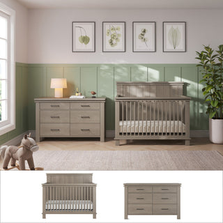Create a cozy and inviting space for your baby with the Denman 2-Piece Nursery Set with Crib and Dresser by Child Craft. Featuring both the crib and dresser—displayed separately in the product images below—this stylish set makes it easy to furnish your nursery with essential pieces. Complemented by a gray finish, lamp, potted plant, rocking horse, and framed leaf prints on a green and white wall, this collection helps you design the perfect nursery environment.