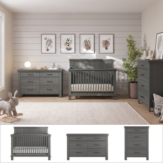A modern nursery features the Child Craft Denman 3-Piece Nursery Set—gray 4-in-1 convertible crib, dresser, and chest—on a beige rug. The crib is centered under botanical art with plush toys nearby and a large potted plant in the corner.