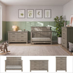 A cozy baby’s nursery featuring the Child Craft Denman 3-Piece Nursery Set with a matching crib, dresser, and chest. Green wainscoting, leafy wall art, a lamp, plants, and a plush toy decorate the space. Three close-ups of the Denman nursery furniture are shown below.