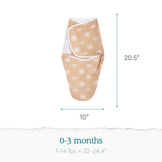 The aden + anais essentials easy swaddle wrap 3 pack includes a beige wrap with white patterns, measuring 20.5x10 inches. It has adjustable fasteners for a snug fit, ideal for infants aged 0-3 months and weighing 7-14 lbs, helping prevent startle reflex for better sleep. Text reads 22-24.4.