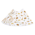 The aden + anais essentials cotton muslin burpy bib features charming nature and animal prints with lions, elephants, giraffes, and leaves in soft brown, green, and beige. Its semicircular design with overlapping fabric ensures full coverage absorbency during meals.