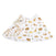 The aden + anais essentials cotton muslin burpy bib features charming nature and animal prints with lions, elephants, giraffes, and leaves in soft brown, green, and beige. Its semicircular design with overlapping fabric ensures full coverage absorbency during meals.