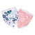 The aden + anais essentials cotton muslin bandana bibs 2 pack includes two triangular bibs with adjustable snap closures: one with a blue/green floral design on white, the other featuring a white floral pattern on pink.