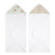 The aden + anais essentials cotton muslin hooded towels 2 pack includes two white towels: one with green elephants and another with a beige zigzag, made from plush cotton terry for maximum absorbency. Both offer cozy corners ideal for wrapping up little ones.