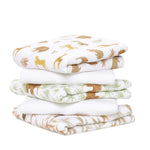 The essentials cotton muslin musy squares 5 pack by aden + anais features delightful brown and green animal and leaf patterns on white. Neatly folded, these baby blankets offer a playful, natural theme with bears and leaves, ensuring both charm and comfort.