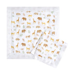The essentials cotton muslin security blankets 2 pack by aden + anais features a cozy baby blanket and matching cloth with safari animal patterns of elephants, giraffes, and lions. Designed for newborns and toddlers, it includes green leaves on white with a satin-like trim.