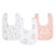 The aden + anais essentials cotton muslin snap bibs 3 pack includes a white bib with rabbit and leaf patterns, another with floral and rabbit designs, and a peach bib with an intricate line pattern. Made from absorbent cotton muslin, all feature secure snap closures for convenience.